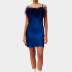 Boheme Mini Slip Dress with Feathers in Navy