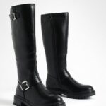 Double Buckle Chunky Flat Knee High Boots