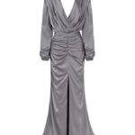 Fancy silver silk maxi evening dress