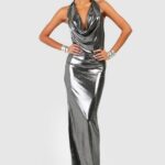 Metallic Cowl Halterneck Maxi Dress
