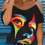 Abstract Figure Print Cold Shoulder Top