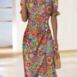Abstract Geometric Print Ruched Buttoned Dress