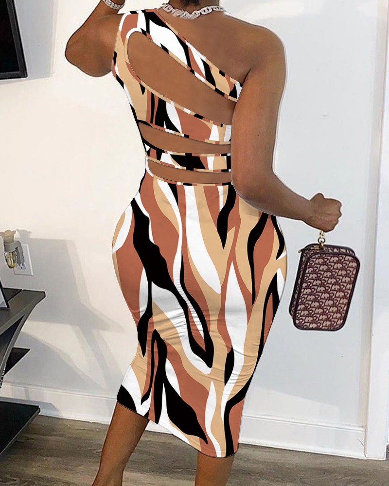 Abstract Print Cutout One Shoulder Bodycon Dress