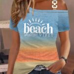 Beach Landscape Print Ombre Cold Shoulder T-shirt