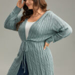 Cable Knit Drawstring Front Hooded Cardigan