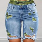 Camouflage Print Ripped 2-In-1 Denim Shorts