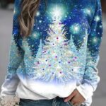 Casual Christmas Tree Cotton-Blend Crew Neck Sweatshirt