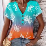 Coconut Tree Print Ombre Notch Neck Casual T-shirt