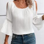 Cold Shoulder Contrast Lace Bell Sleeve Top