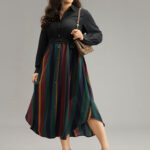 Colour Striped Patchwork Belted Button Through Dress