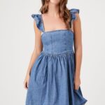 Denim Ruffle-Strap Mini Dress
