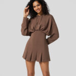 Drawstring Dropped Shoulder Long Sleeve Plicated Pleated Hem Hip Wrapped Mini Casual Hoodie Dress