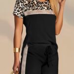 Leopard Print Colorblock Top & Drawstring Shorts Set