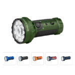 Marauder Mini rechargeable powerful led flashlight with 7000 lumen flood, 600m spot, RGB light for outdoor adventure.