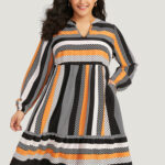 Polka Dot & Striped Print Notched Pocket Dress