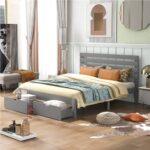 Queen Size Wooden Platform Bed Frame with 2 Drawers Gray