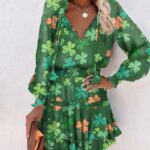 St. Patrick’s Day Clovers Print Long Sleeve Mini Dress