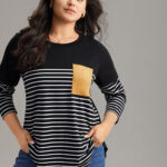 Striped Contrast Patched Pocket Arc Hem T-shirt