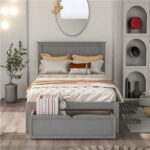 Twin Size Wooden Bed Frame with Storage Drawer Gray