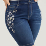 Very Stretchy High Rise Dark Wash Floral Embroidered Denim Shorts