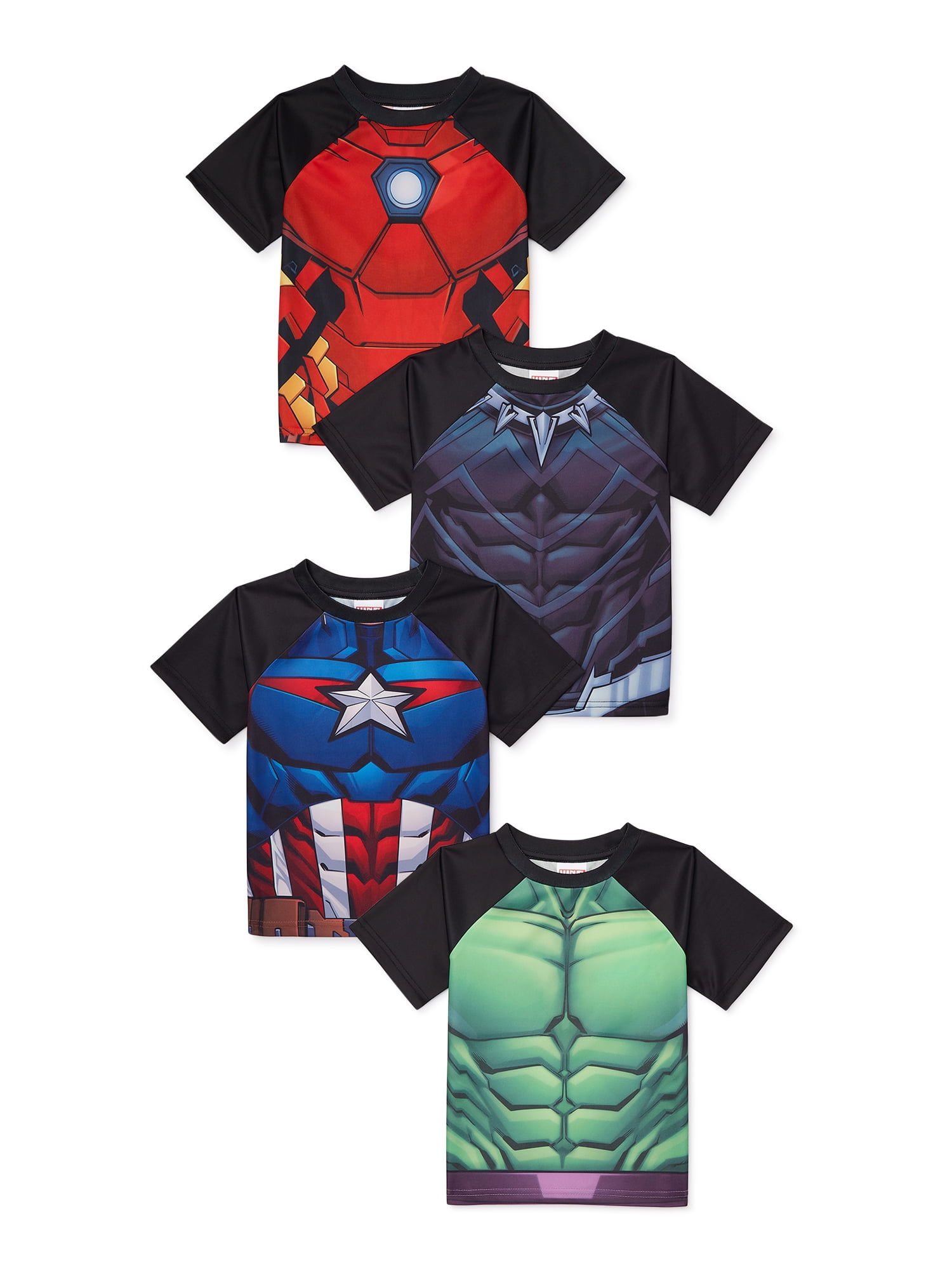 Marvel Avengers Toddler Boy 4Pk Short Sleeve Sublimated Cosplay Tees – Hulk, Captain America, Black Panther, Iron Man, Sizes 2T-5T